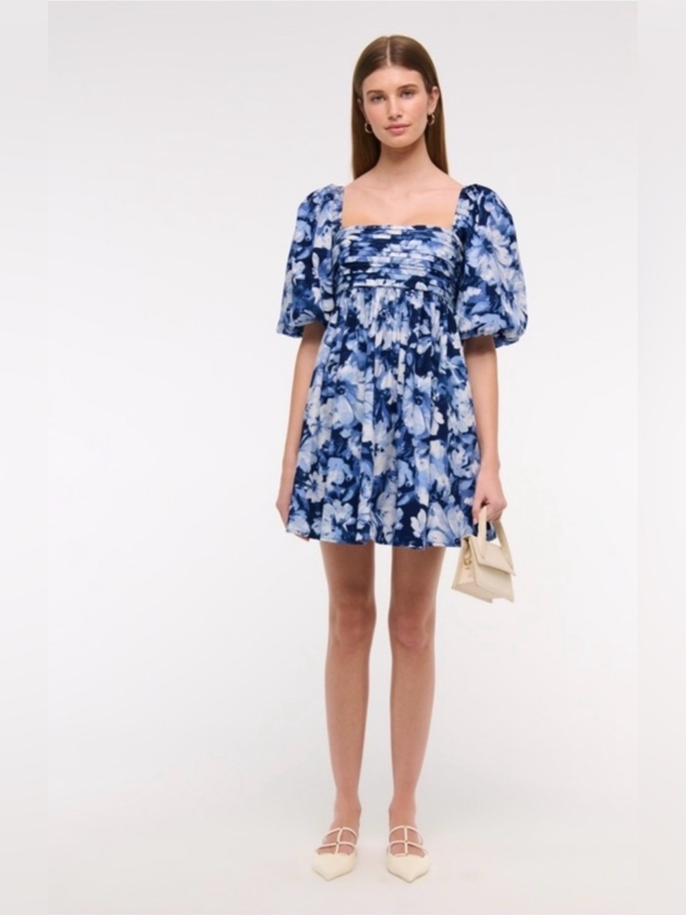 Abercrombie & Fitch Blue Floral Print Dress Square Neck Puff Sleeve Size Medium